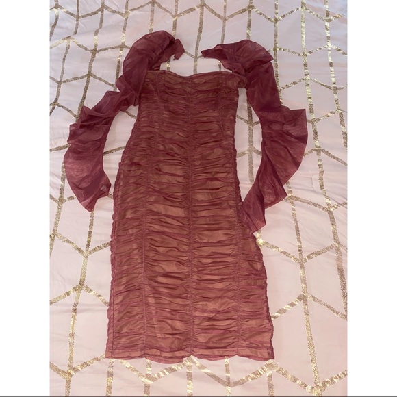 Quinlan Fuchsia Ruched Mesh Long Sleeve Dress - Picture 4 of 6